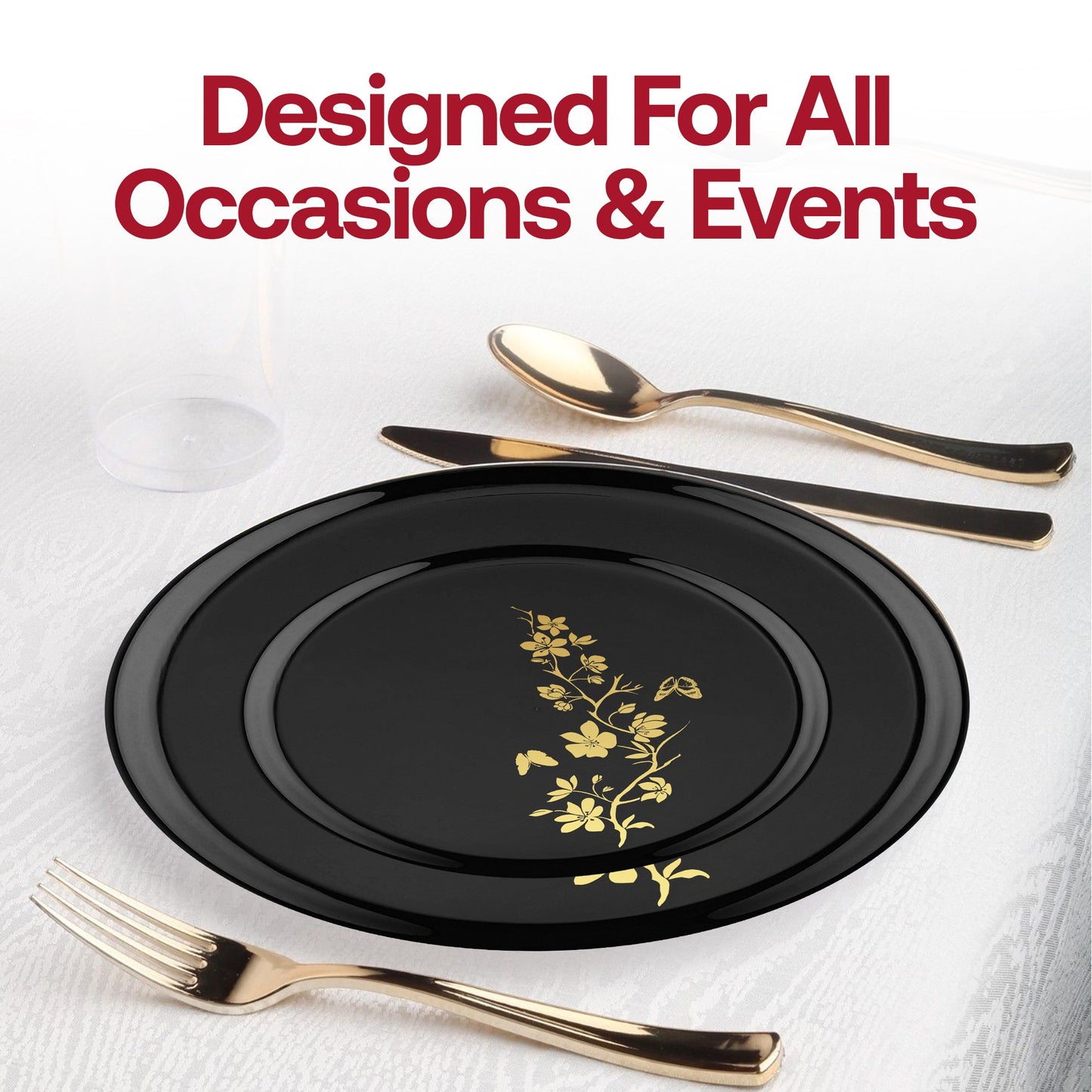 Black with Gold Floral Round Plastic Dinner Plates (10")