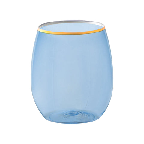 12 oz Clear Blue with Gold Elegant Stemless Plastic Wine Glasses