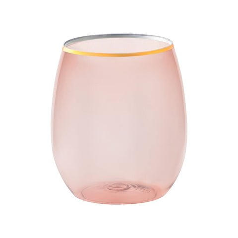 12 oz Clear Pink with Gold Elegant Stemless Plastic Wine Glasses