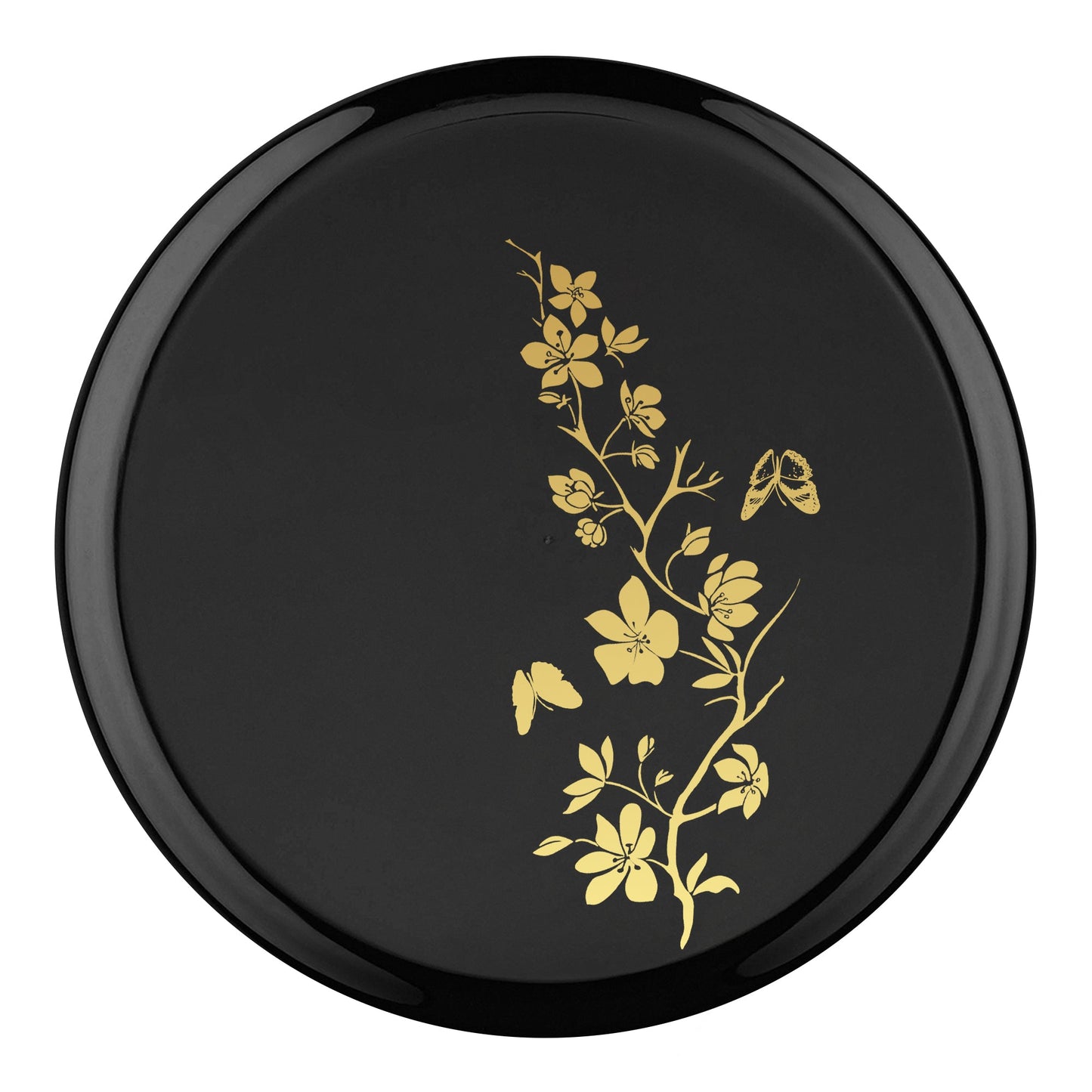 Black with Gold Floral Round Plastic Dinner Plates (10")