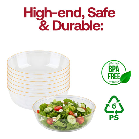 16 oz Clear with Gold Flat Plastic Soup Bowls