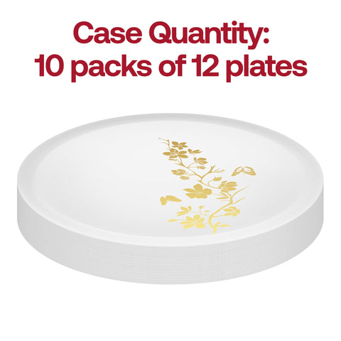 White with Gold Floral Round Plastic Dinner Plates (10