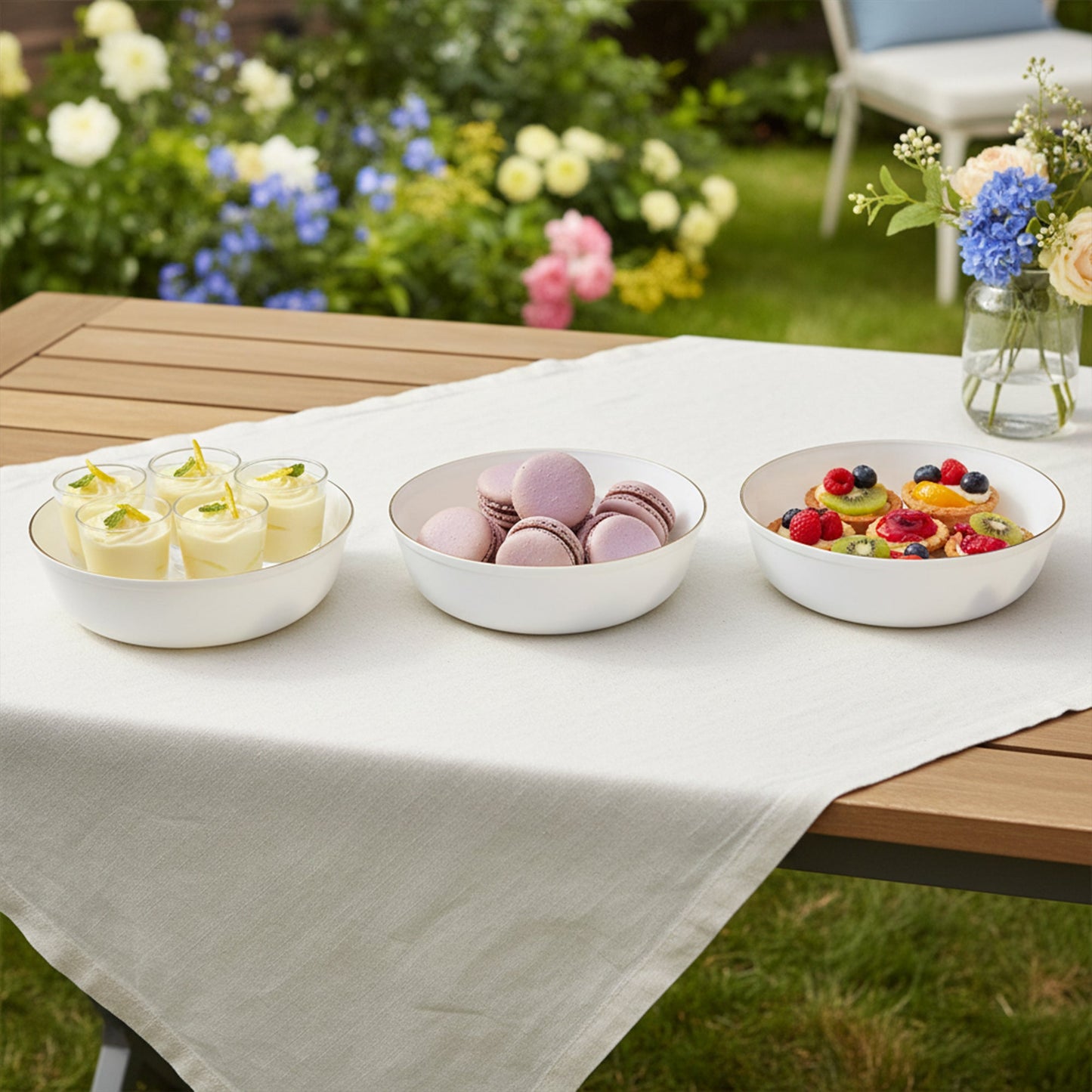 16 oz White with Gold Flat Plastic Soup Bowls