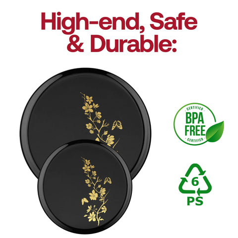 Black with Gold Floral Round Plastic Dinner Plates (10