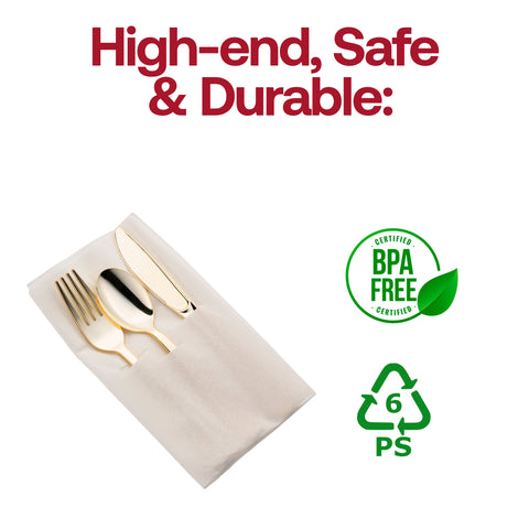 Gold Disposable Plastic Cutlery in White Pocket Napkin Set - 7 Napkins, 7 Forks, 7 Knives, and 7 Spoons