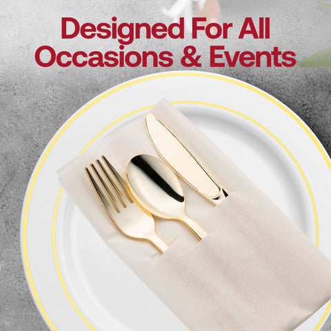 Gold Disposable Plastic Cutlery in White Pocket Napkin Set - 7 Napkins, 7 Forks, 7 Knives, and 7 Spoons
