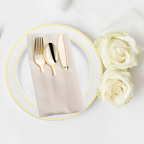 Gold Disposable Plastic Cutlery in White Pocket Napkin Set - 7 Napkins, 7 Forks, 7 Knives, and 7 Spoons