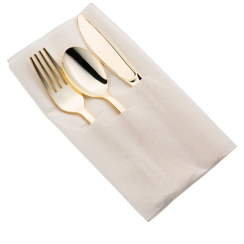 Gold Disposable Plastic Cutlery in White Pocket Napkin Set - 7 Napkins, 7 Forks, 7 Knives, and 7 Spoons