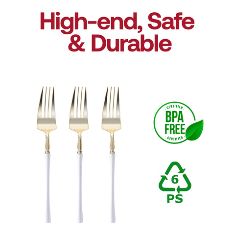 Gold with White Handle Moderno Disposable Plastic Dinner Forks BPA | The Kaya Collection