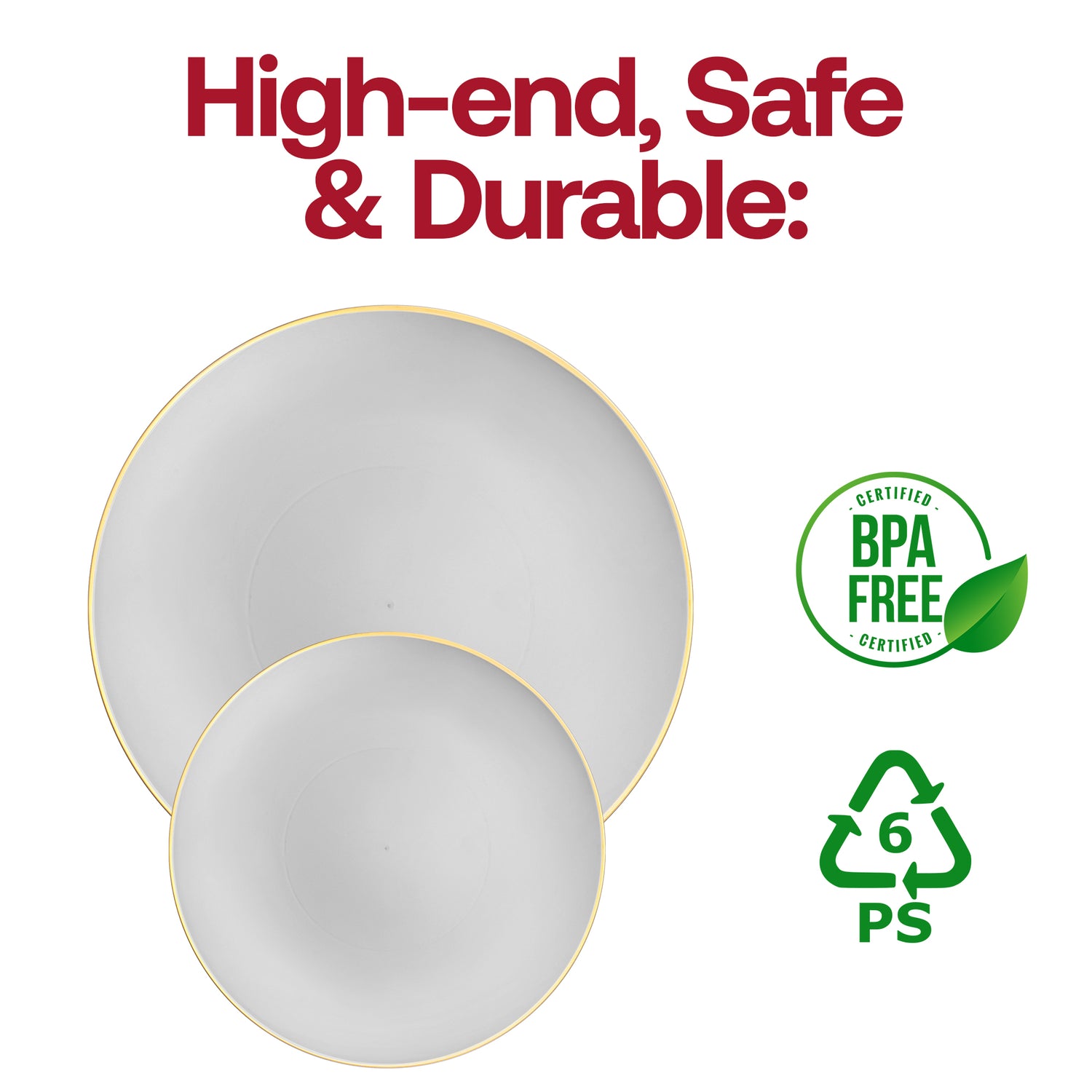 Gray with Gold Rim Organic Round Disposable Plastic Appetizer/Salad Plates (7.5") BPA | The Kaya Collection