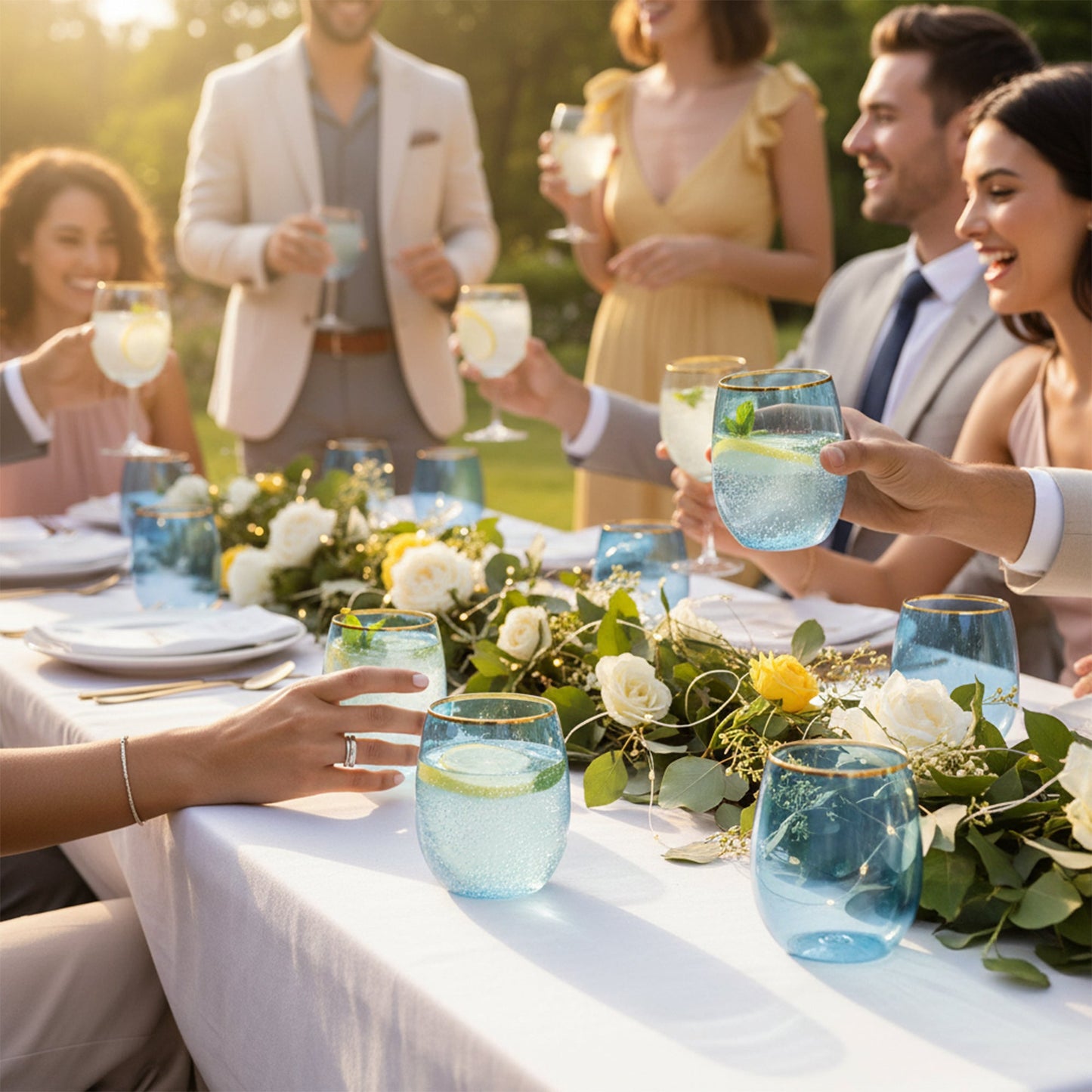 12 oz Clear Blue with Gold Elegant Stemless Plastic Wine Glasses