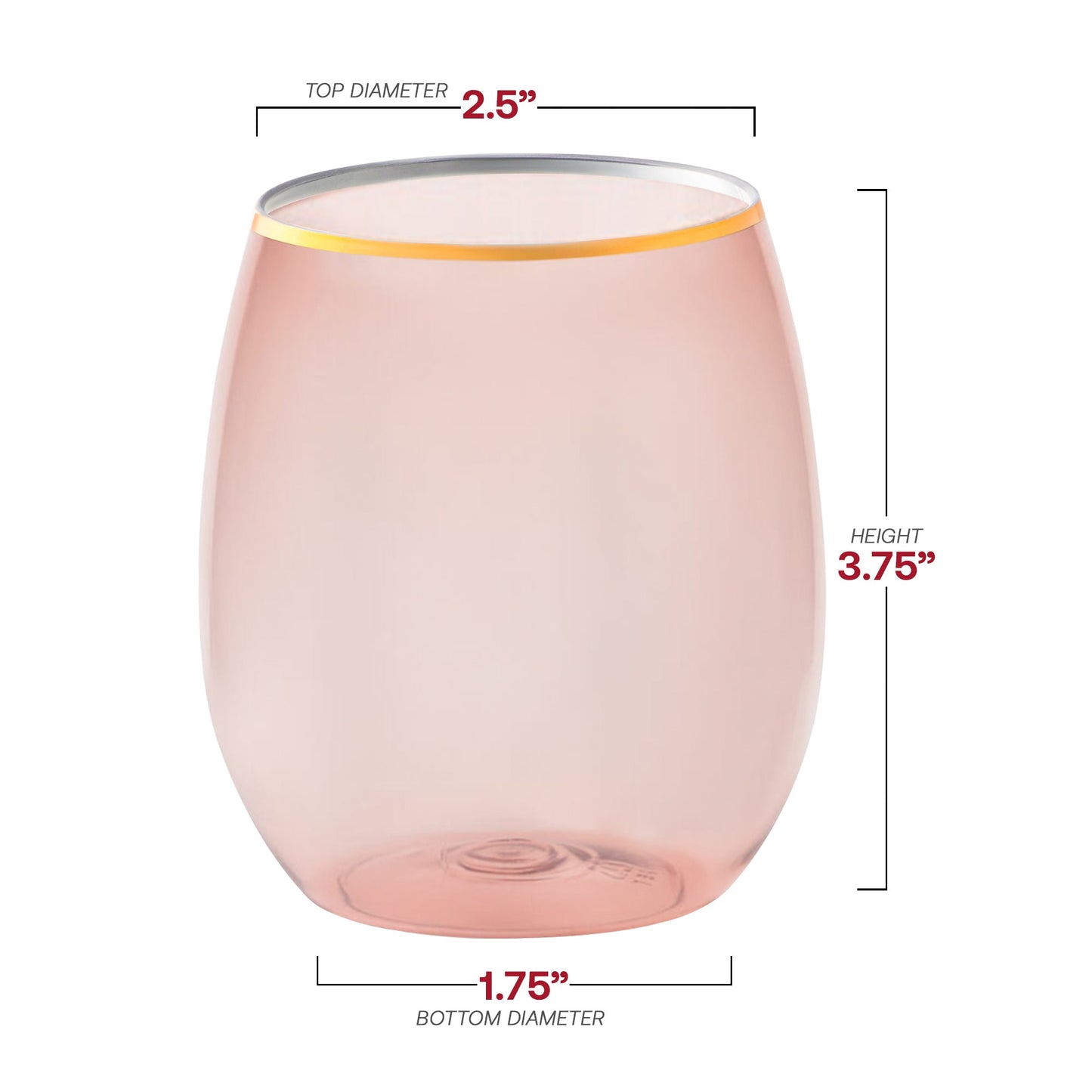 12 oz Clear Pink with Gold Elegant Stemless Plastic Wine Glasses