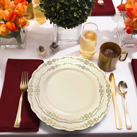 Ivory with Gold Vintage Rim Round Plastic Dinner Plates (10