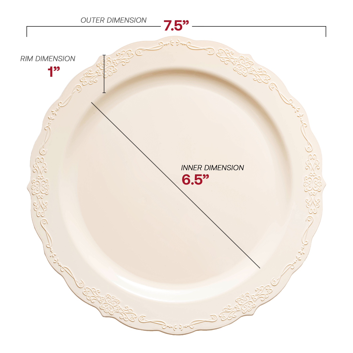 Ivory Vintage Round Disposable Plastic Appetizer/Salad Plates (7.5") Dimension | The Kaya Collection