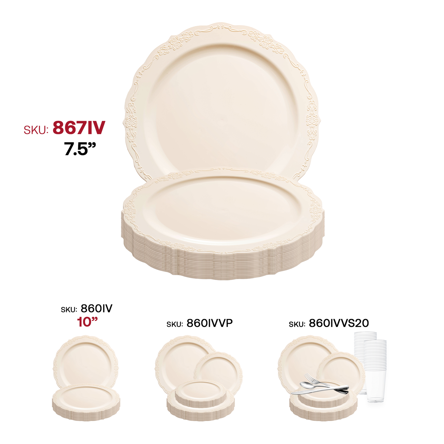Ivory Vintage Round Disposable Plastic Appetizer/Salad Plates (7.5") SKU | The Kaya Collection