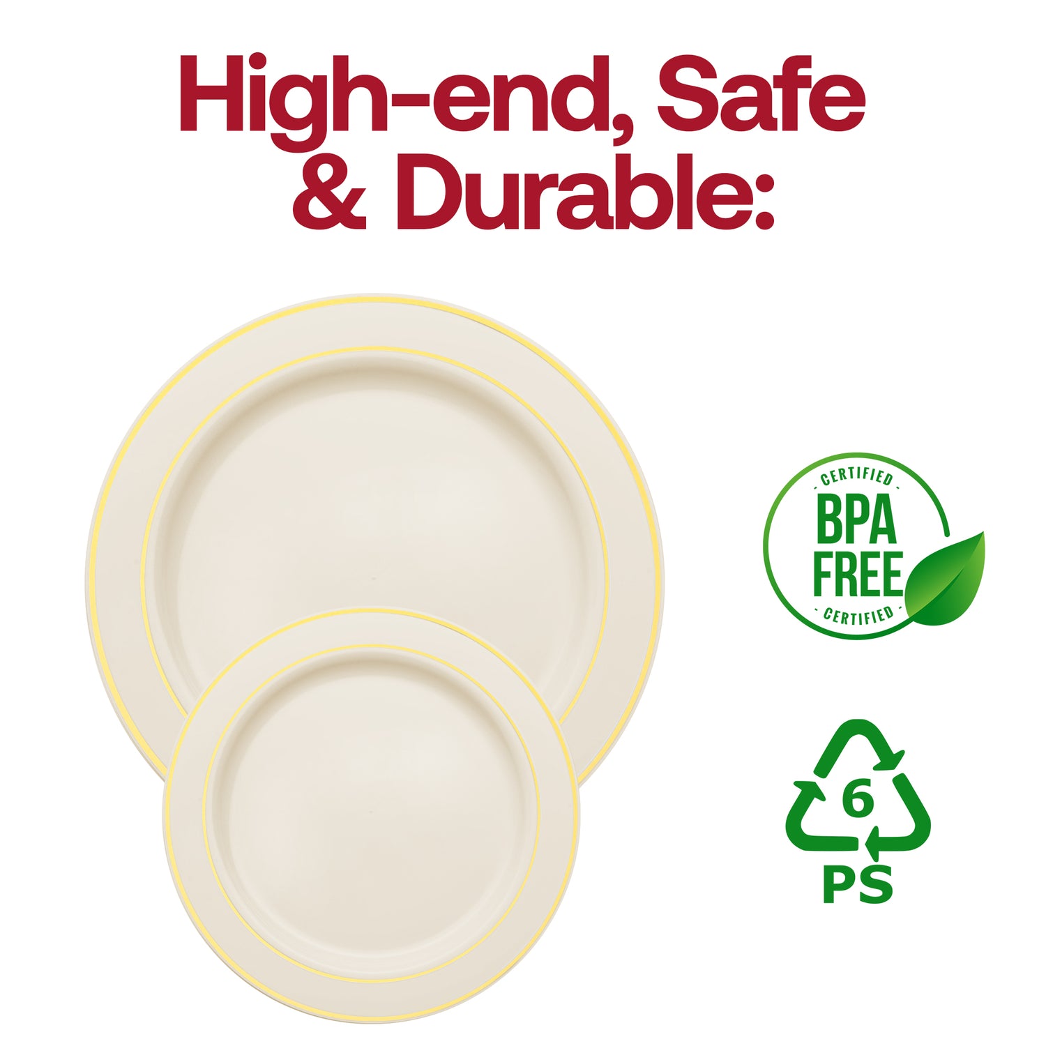Ivory with Gold Edge Rim Plastic Dinner Plates (10.25") BPA | The Kaya Collection