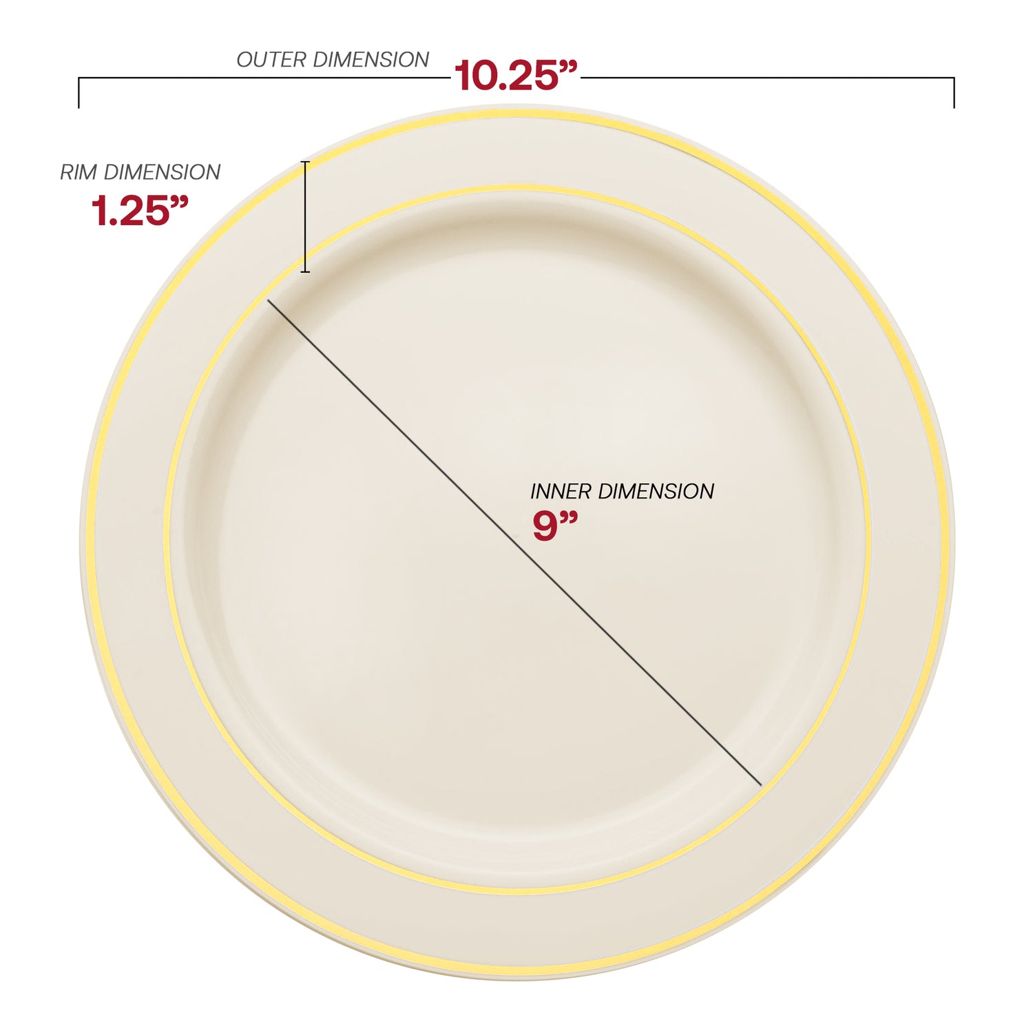 Ivory with Gold Edge Rim Plastic Dinner Plates (10.25") Dimension | The Kaya Collection