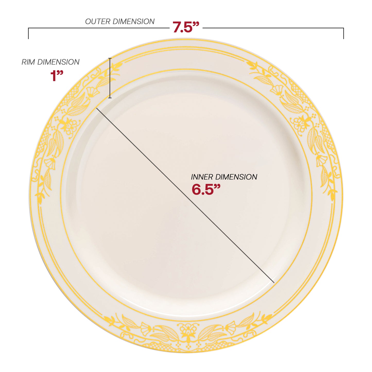 Ivory with Gold Harmony Rim Plastic Salad Plates (7.5") Dimension | The Kaya Collection