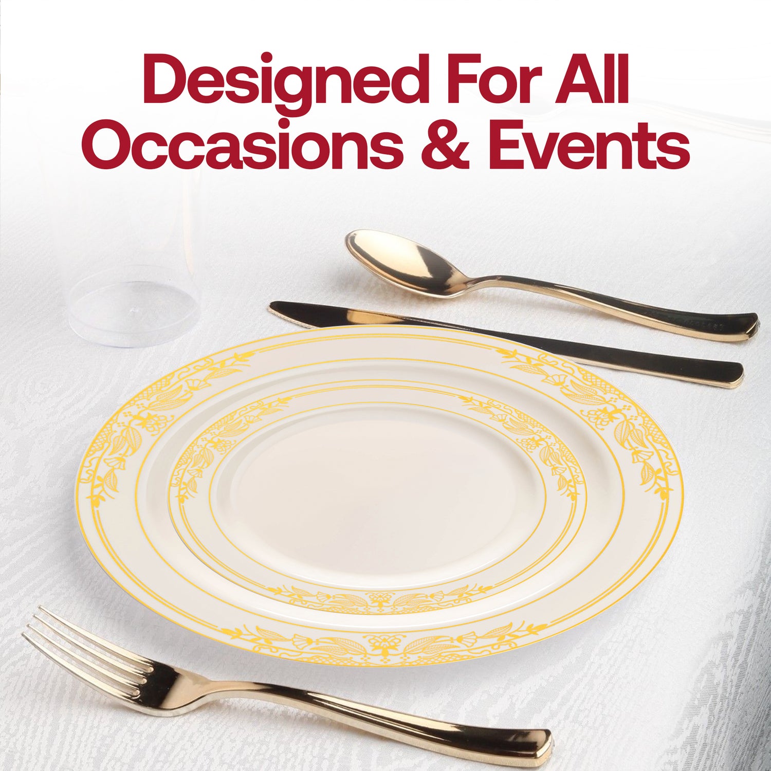 Ivory with Gold Harmony Rim Plastic Salad Plates (7.5") Lifestyle | The Kaya Collection