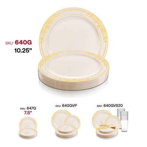 Ivory with Gold Harmony Rim Disposable Plastic Dinner Plates (10.25