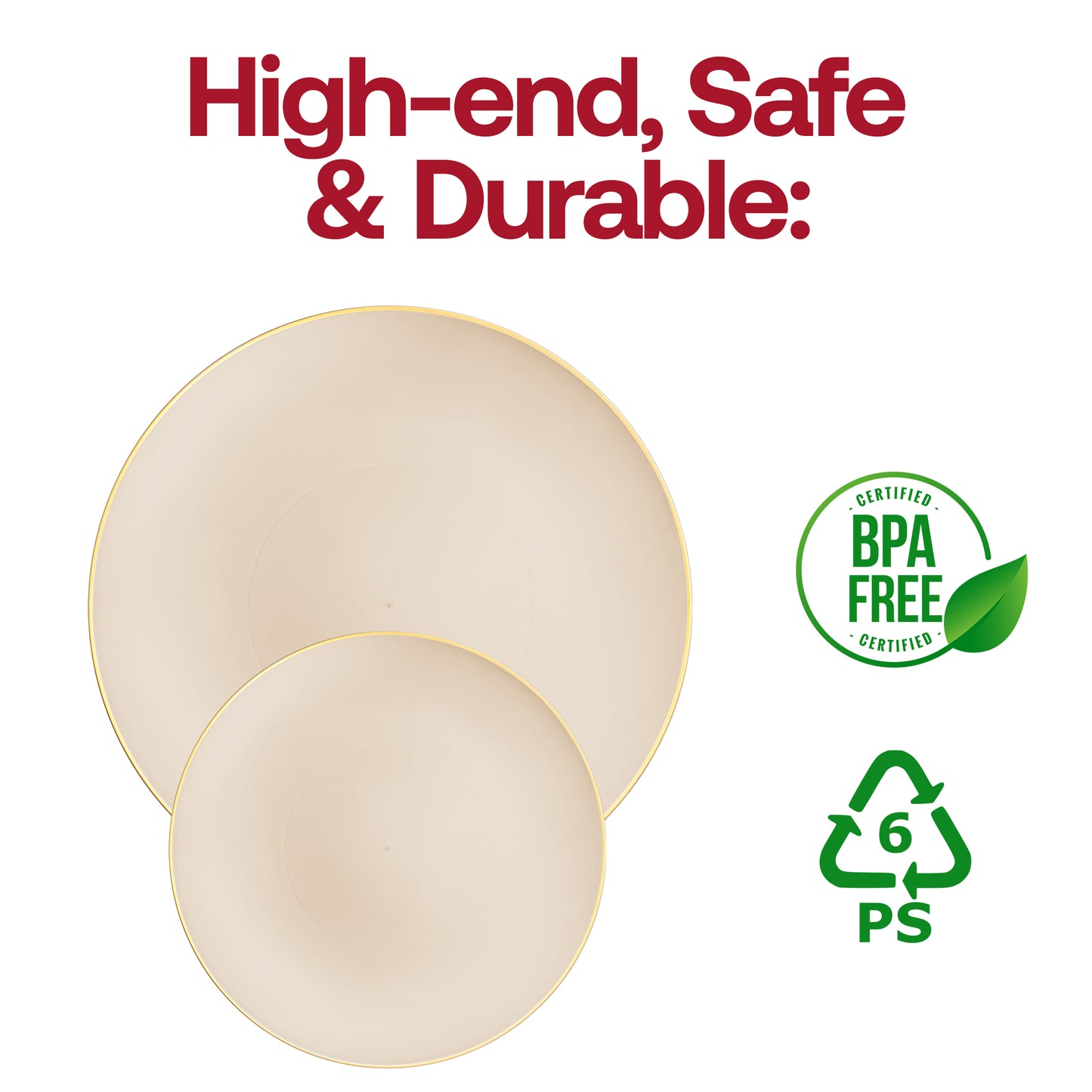 Ivory with Gold Rim Organic Round Plastic Disposable Dinner Plates (10.25")