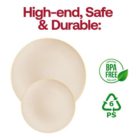 Ivory with Gold Rim Organic Round Plastic Disposable Dinner Plates (10.25