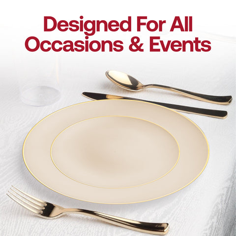 Ivory with Gold Rim Organic Round Plastic Disposable Dinner Plates (10.25