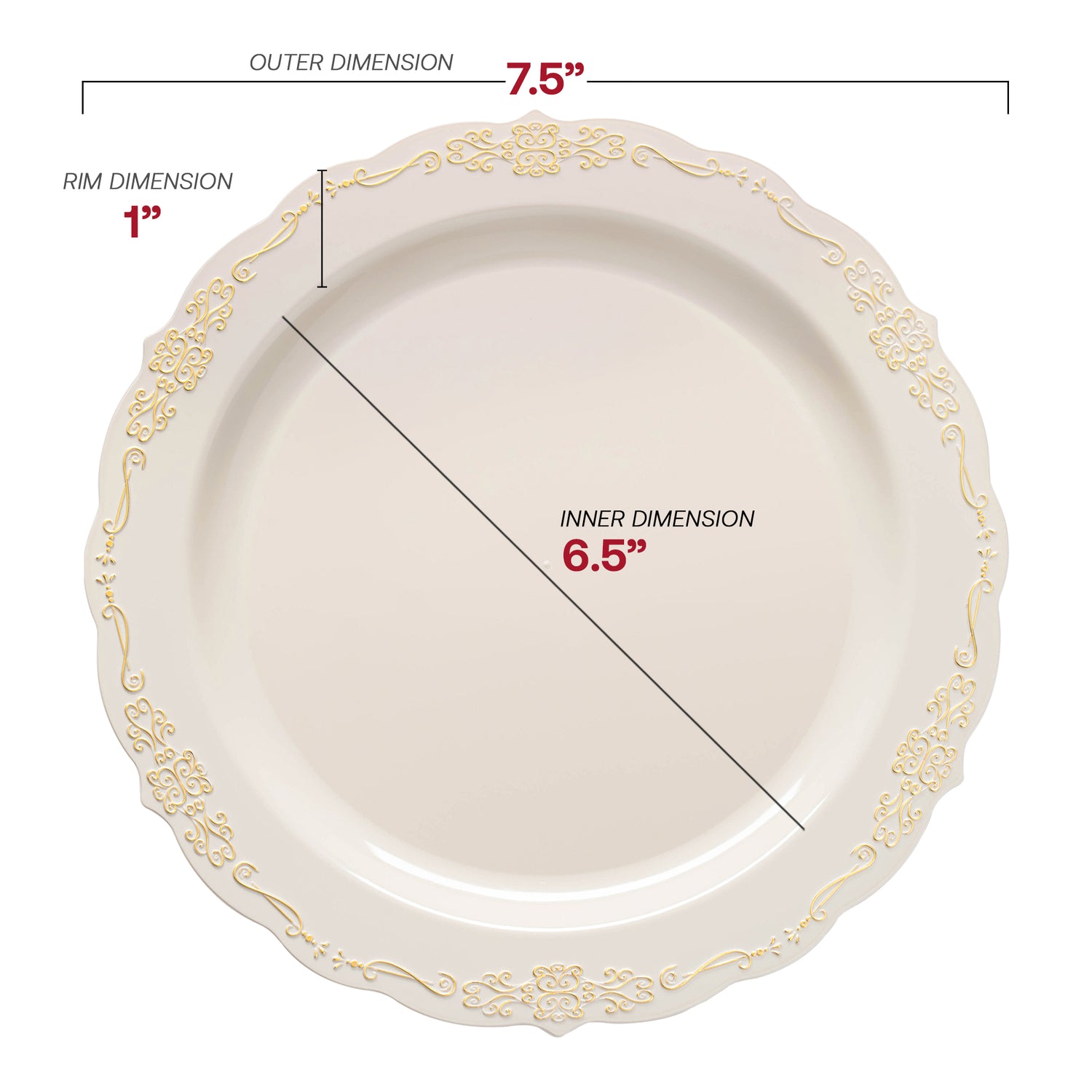 Ivory with Gold Vintage Rim Round Disposable Plastic Appetizer/Salad Plates (7.5") Dimension | The Kaya Collection