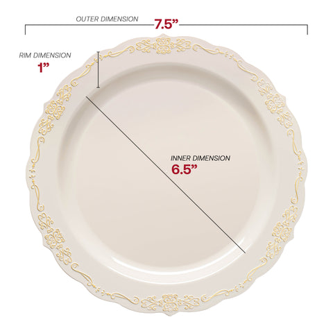 Ivory with Gold Vintage Rim Round Disposable Plastic Appetizer/Salad Plates (7.5