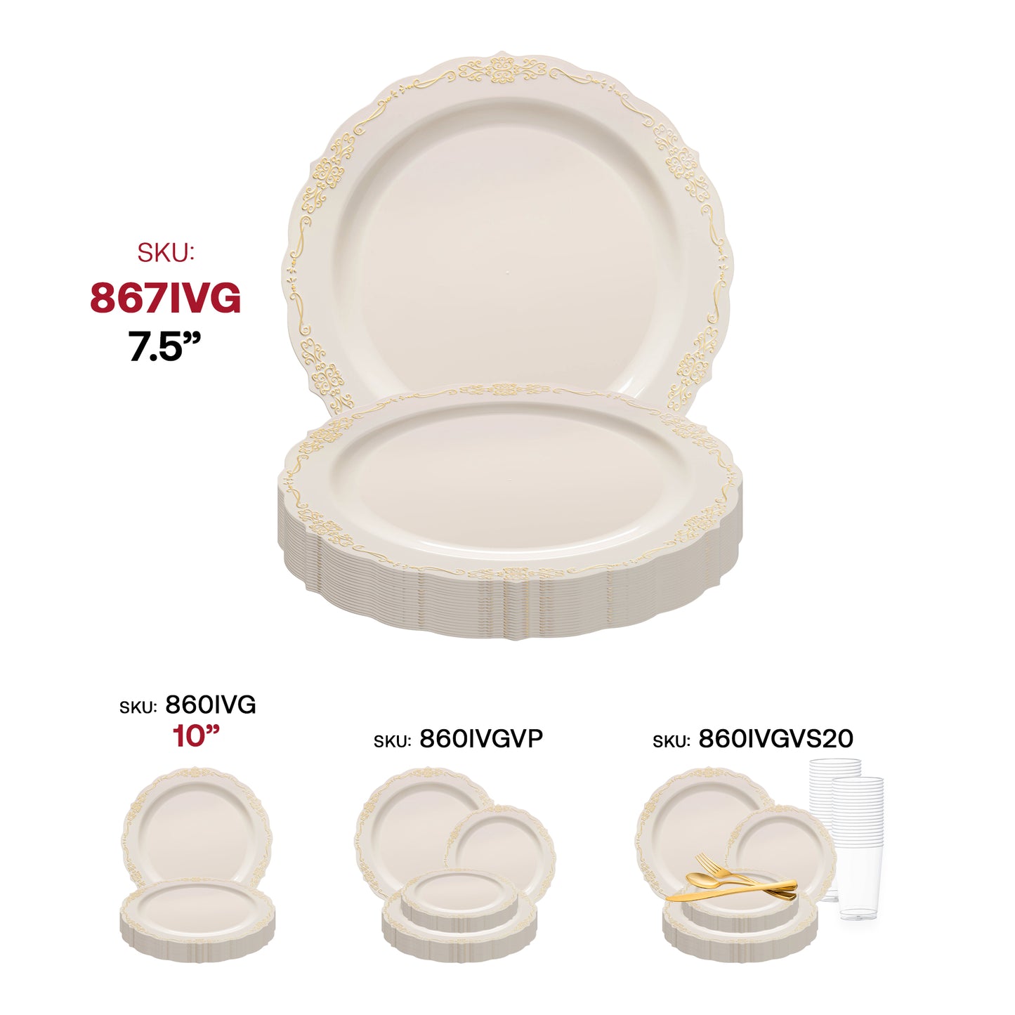 Ivory with Gold Vintage Rim Round Disposable Plastic Appetizer/Salad Plates (7.5") SKU | The Kaya Collection
