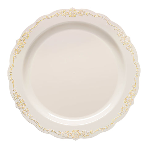 Ivory with Gold Vintage Rim Round Disposable Plastic Appetizer/Salad Plates (7.5