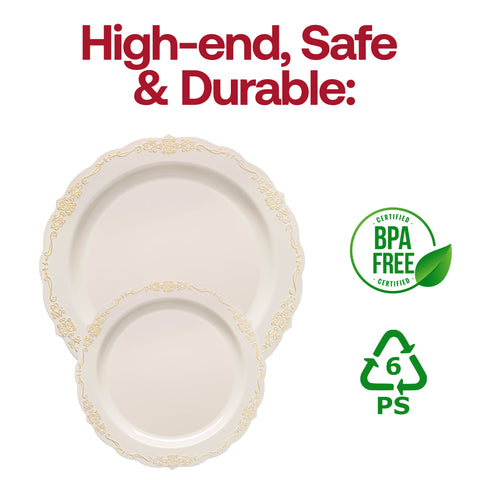 Ivory with Gold Vintage Rim Round Disposable Plastic Dinner Plates (10