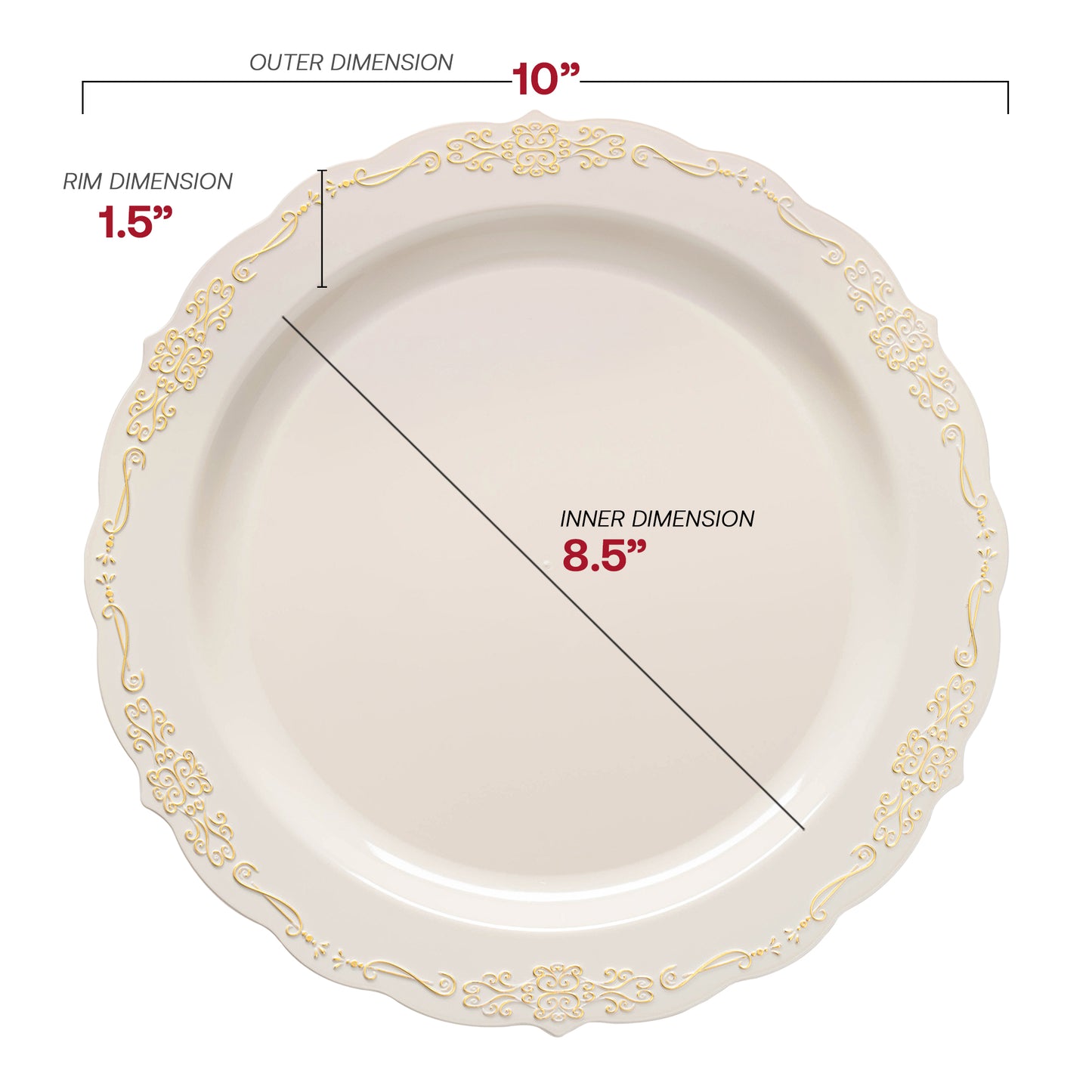 Ivory with Gold Vintage Rim Round Disposable Plastic Dinner Plates (10") Dimension | The Kaya Collection