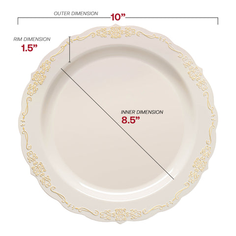 Ivory with Gold Vintage Rim Round Disposable Plastic Dinner Plates (10
