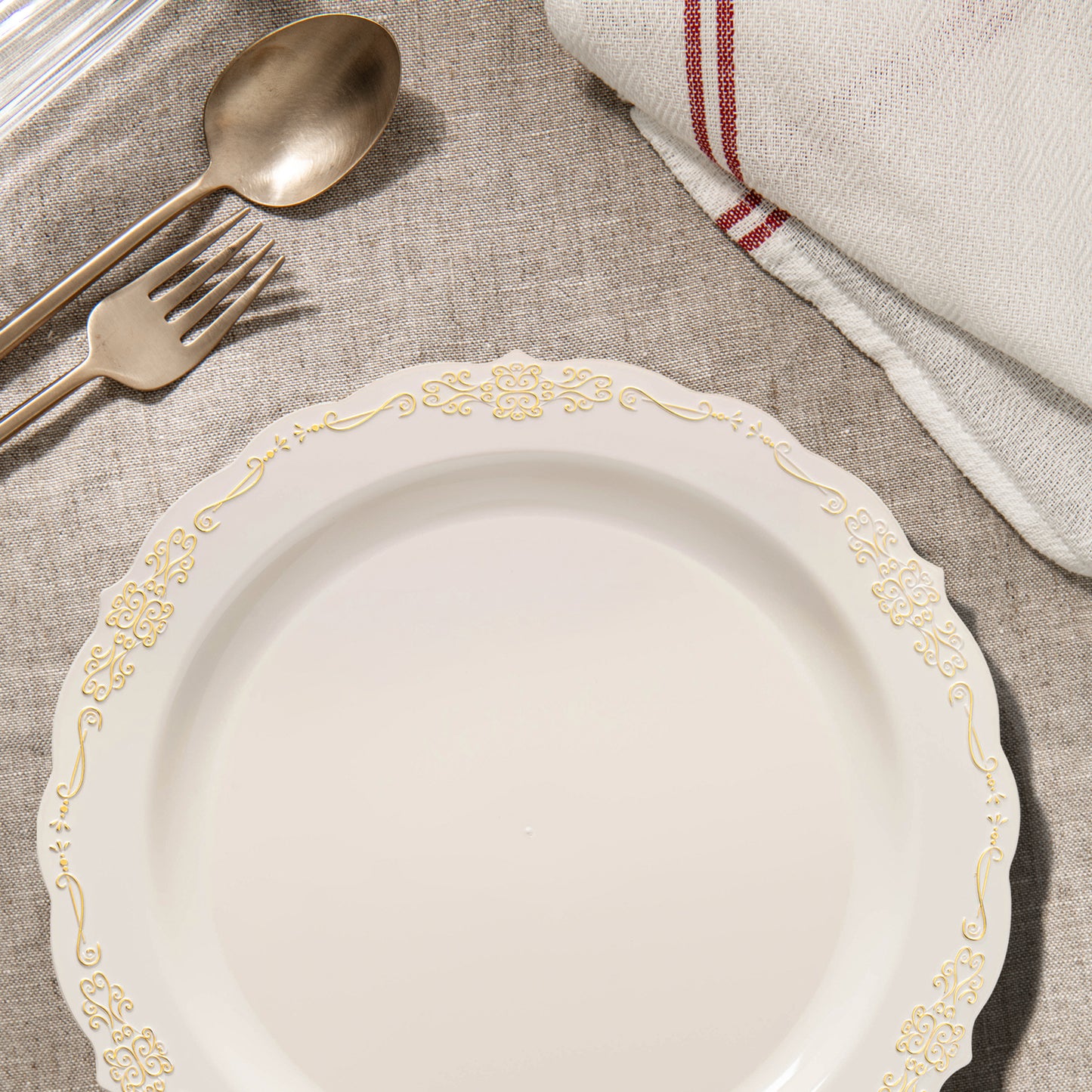 Ivory with Gold Vintage Rim Round Plastic Dinner Plates (10")