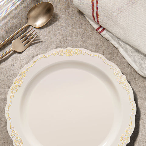 Ivory with Gold Vintage Rim Round Plastic Dinner Plates (10