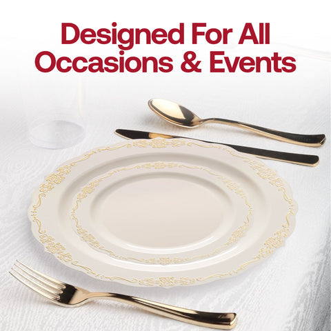 Ivory with Gold Vintage Rim Round Disposable Plastic Dinner Plates (10
