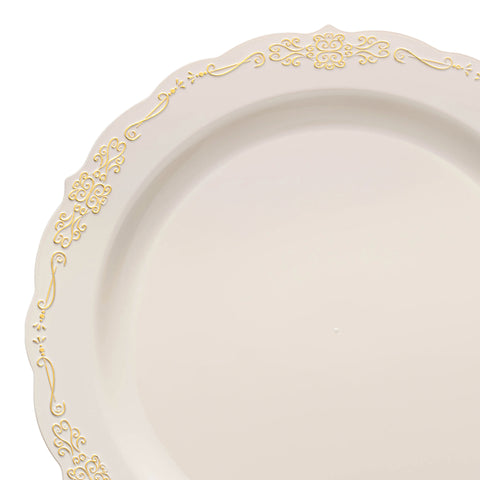Ivory with Gold Vintage Rim Round Disposable Plastic Dinner Plates (10