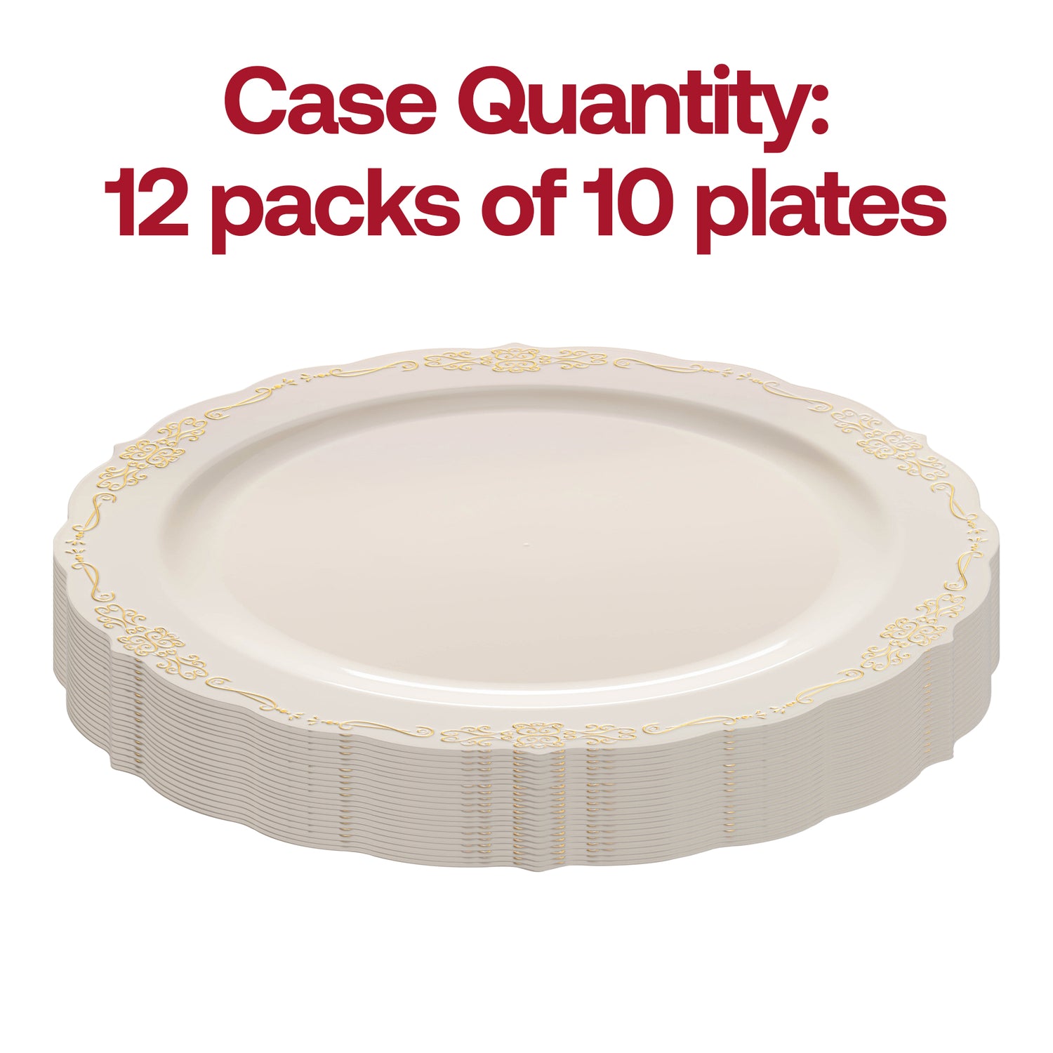 Ivory with Gold Vintage Rim Round Disposable Plastic Dinner Plates (10") Quantity | The Kaya Collection