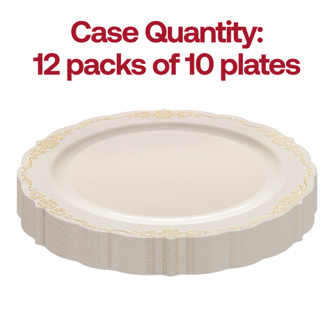 Ivory with Gold Vintage Rim Round Disposable Plastic Dinner Plates (10