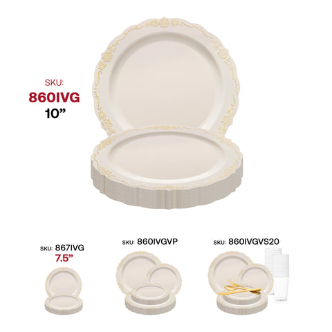 Ivory with Gold Vintage Rim Round Disposable Plastic Dinner Plates (10