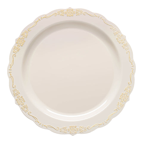 Ivory with Gold Vintage Rim Round Disposable Plastic Dinner Plates (10
