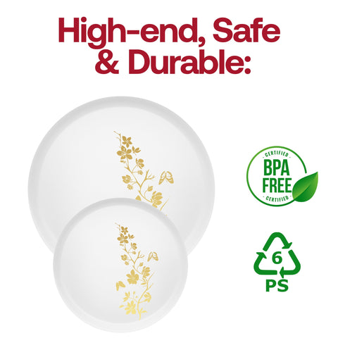 White with Gold Floral Round Plastic Dinner Plates (10