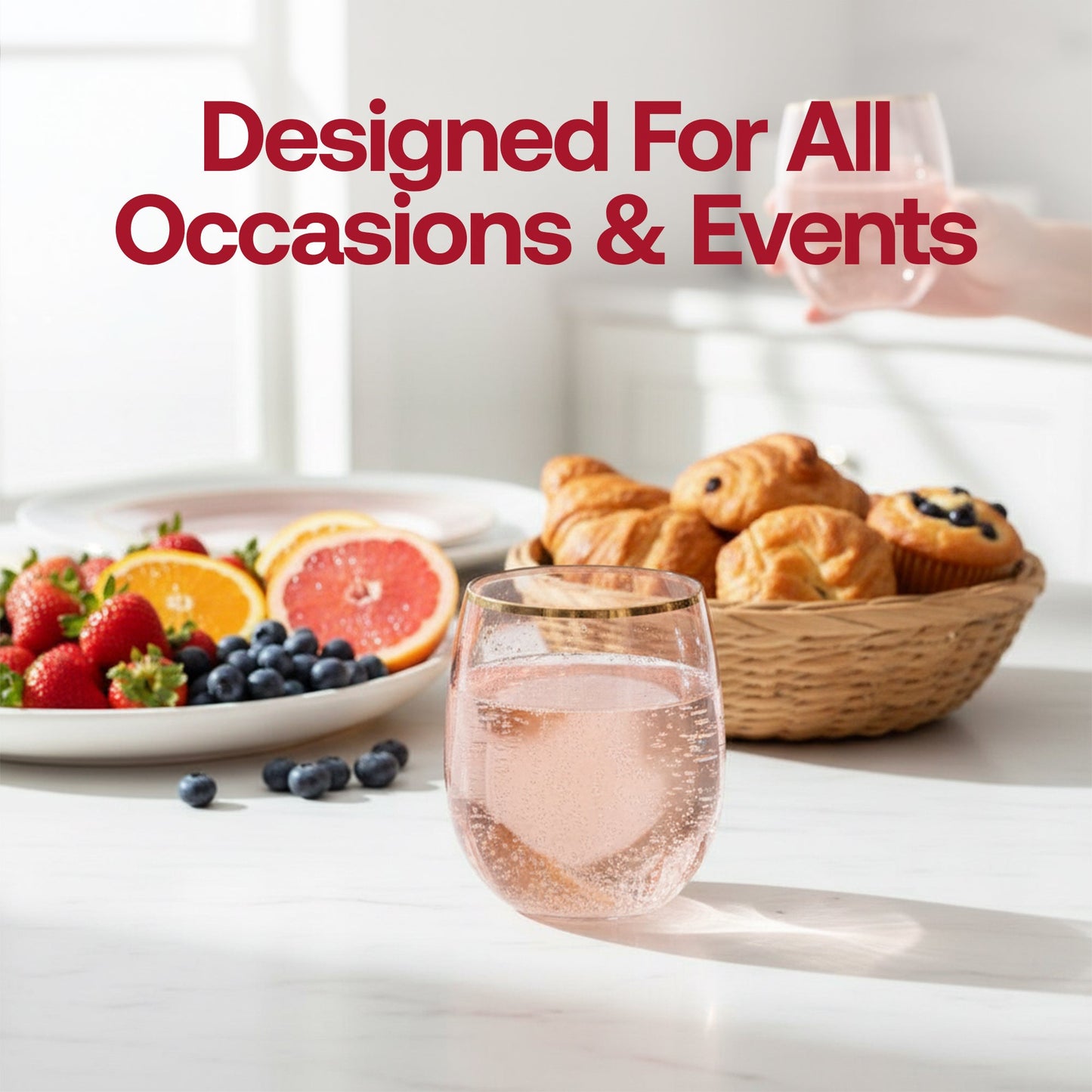12 oz Clear Pink with Gold Elegant Stemless Plastic Wine Glasses