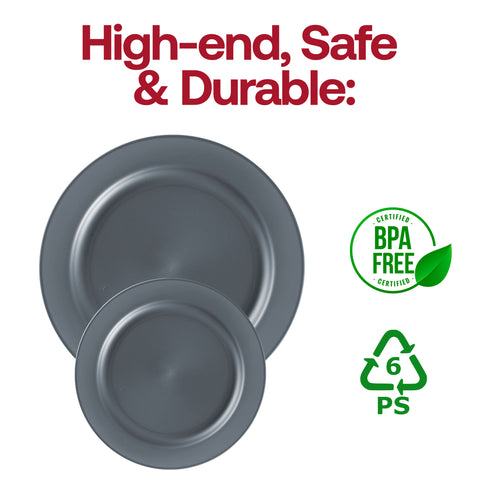 Matte Charcoal Gray Round Plastic Dinner Plates (10