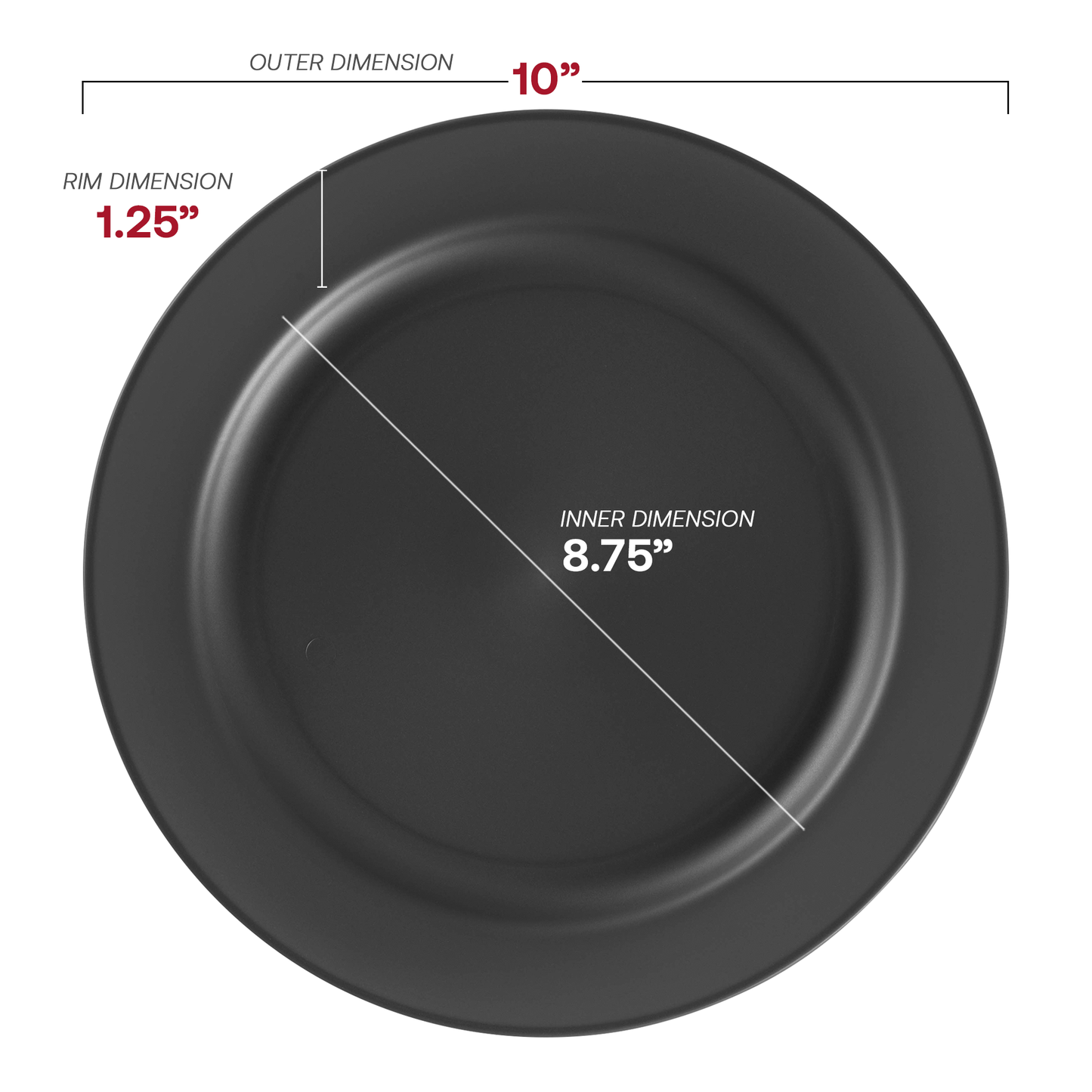Matte Charcoal Gray Round Disposable Plastic Dinner Plates (10") Dimension | The Kaya Collection