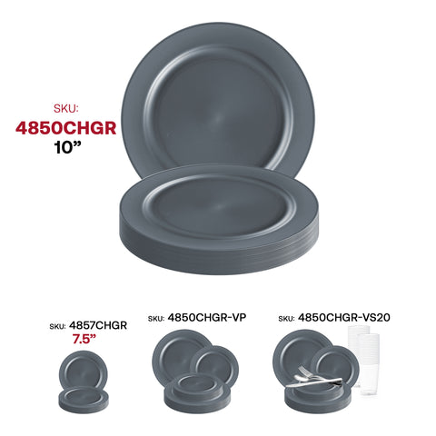 Matte Charcoal Gray Round Plastic Dinner Plates (10