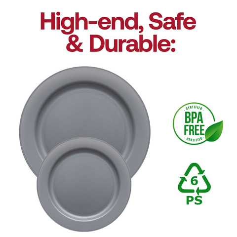 Matte Steel Gray Round Disposable Plastic Dinner Plates (10