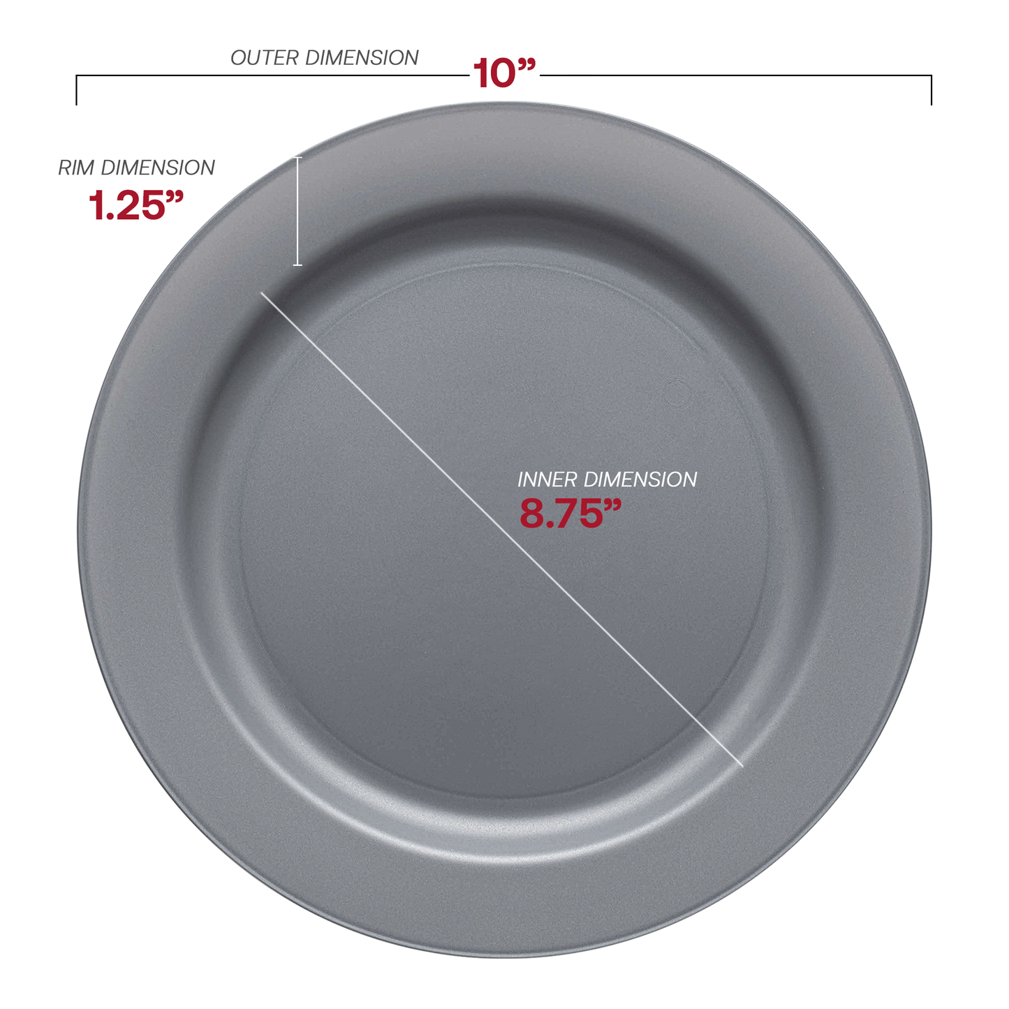 Matte Steel Gray Round Disposable Plastic Dinner Plates (10") Dimension | The Kaya Collection