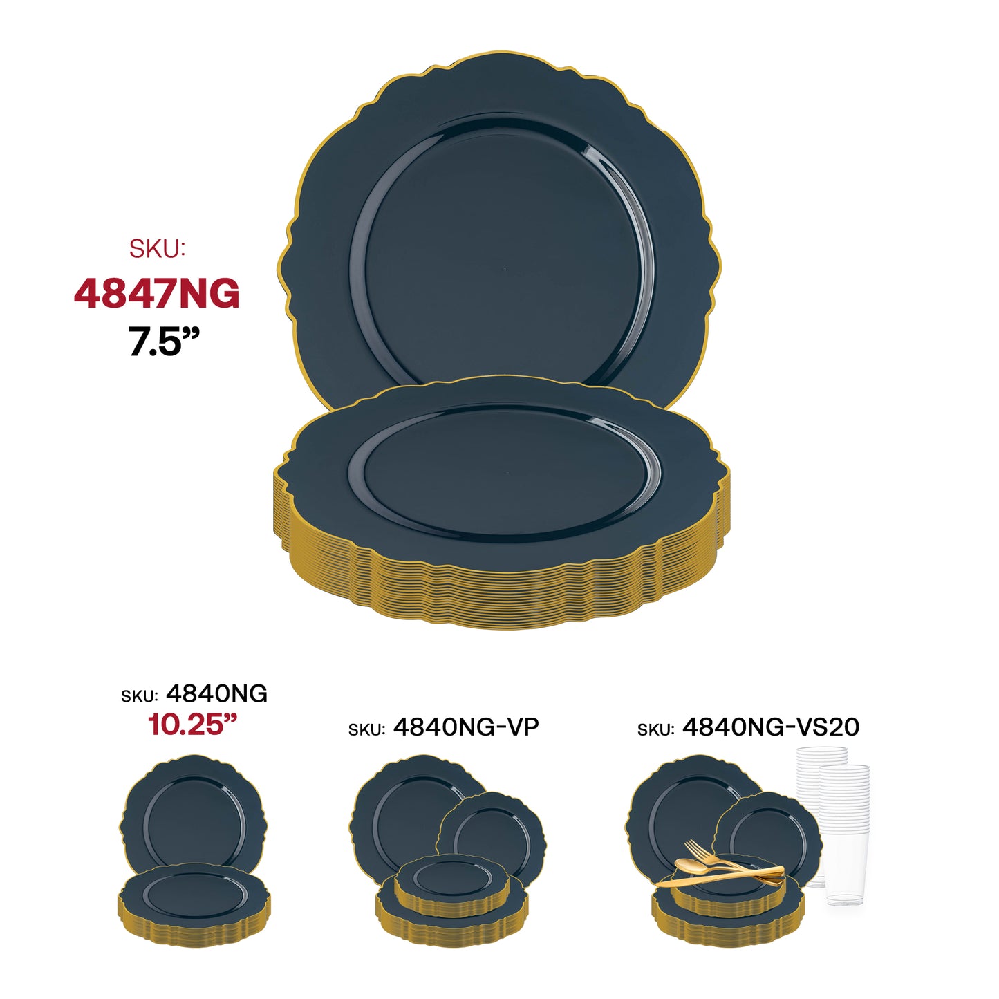 Navy with Gold Rim Round Blossom Disposable Plastic Appetizer/Salad Plates (7.5") SKU | The Kaya Collection